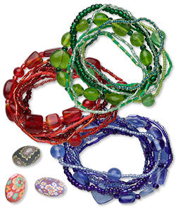 Green, red and blue multi-strand bracelets