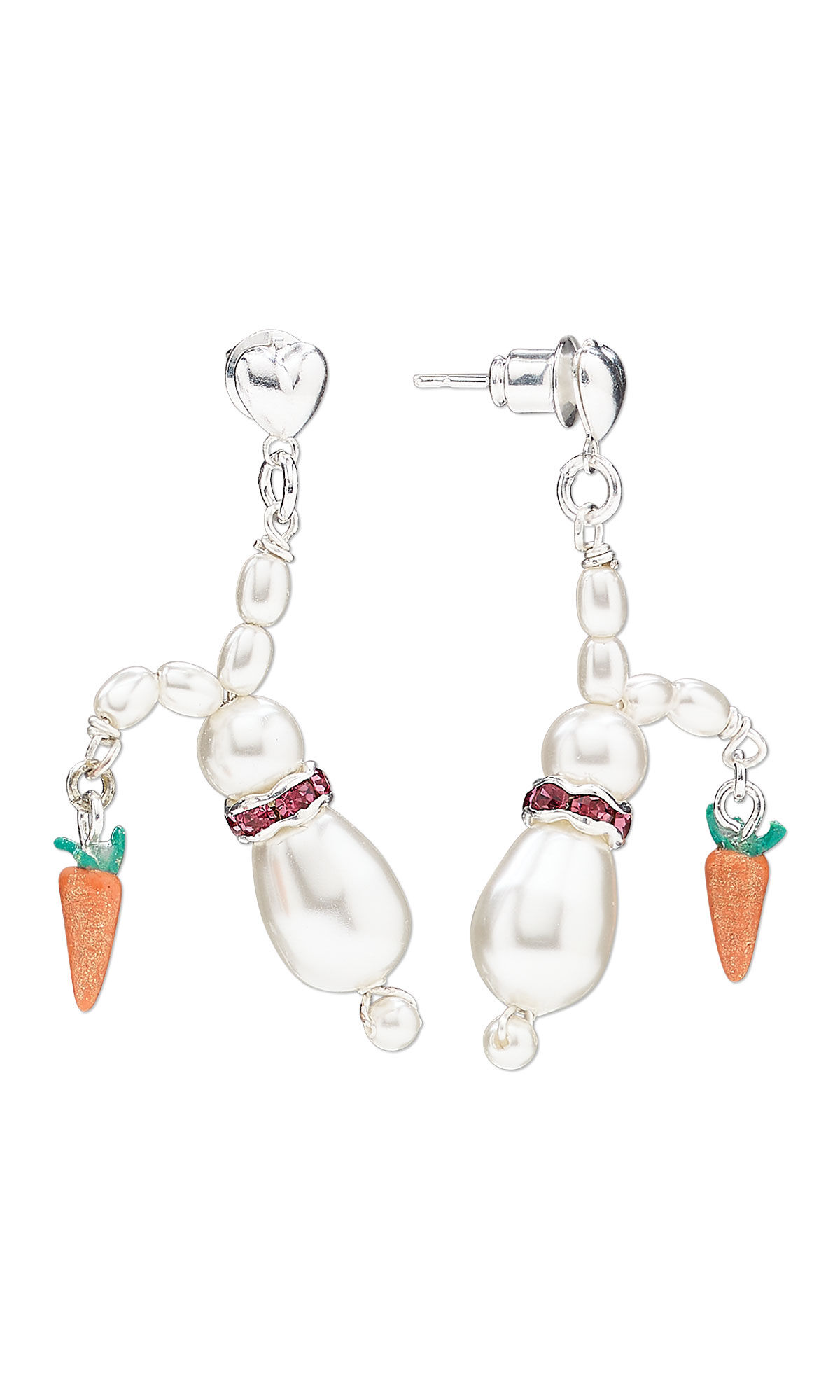 Design Idea R G 2 P Earrings feature rabbits made of crystal pearls and dangling by one ear. An orange and green polymer clay carrot hangs from the opposite ear.