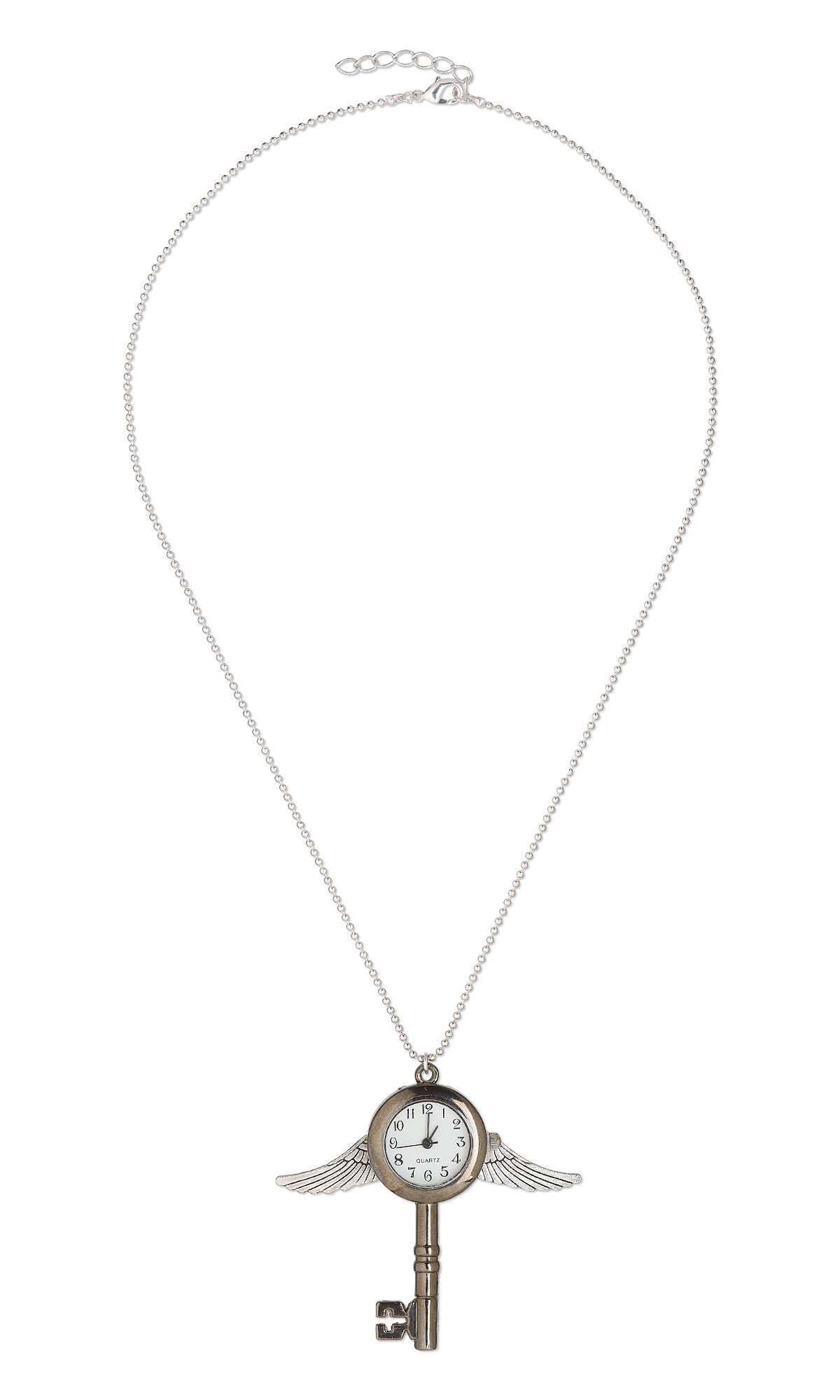 Design Idea R J 3 7 - Necklace of silver ball chain has a pendant of a silver key with a watch face in the center of the top of the key and bird-like wings coming out of both sides of the clock face area.