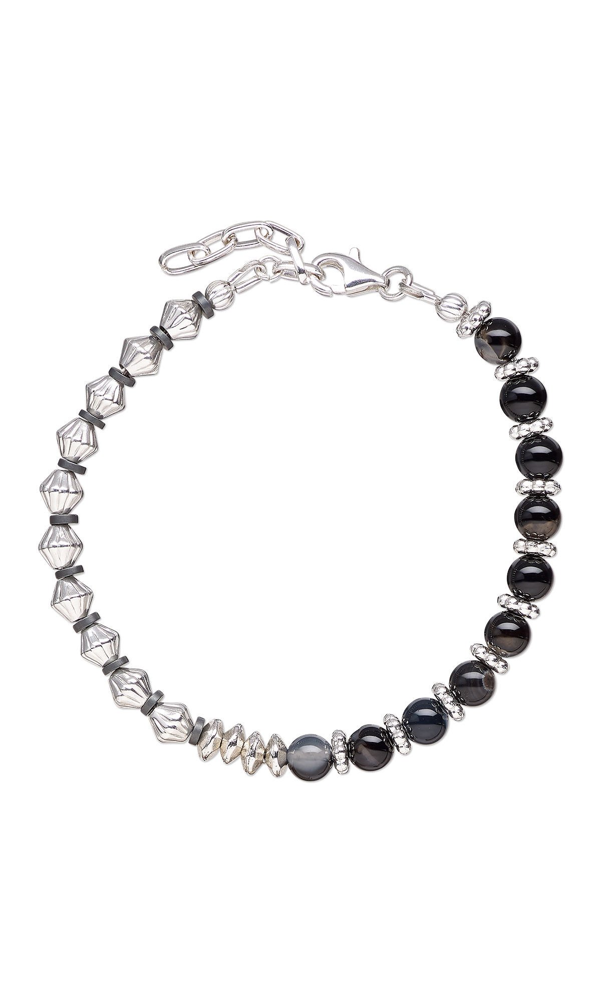 Design Idea S A 2 J - Half of the bracelet has larger silver beads with smaller black beads between them; the other half has larger black beads with silver rondelles between them.
