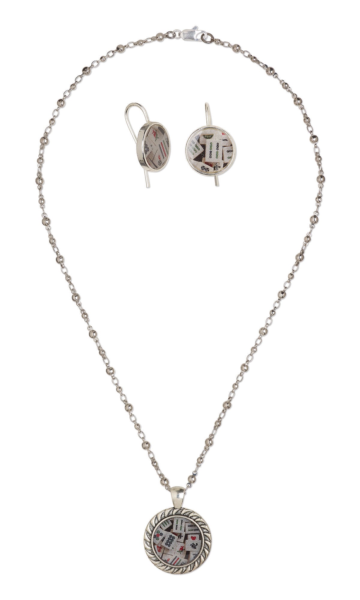Design Idea S J 2 F &ndash; Dark metallic beaded chain has a round antique silver-finished pendant with a center containing tiny mahjong tiles. Earrings match.