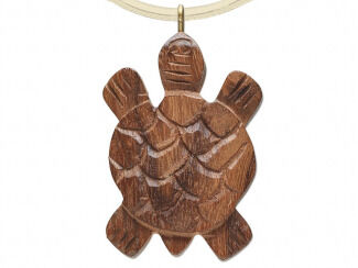 Large brown wooden turtle hangs from a white cord.