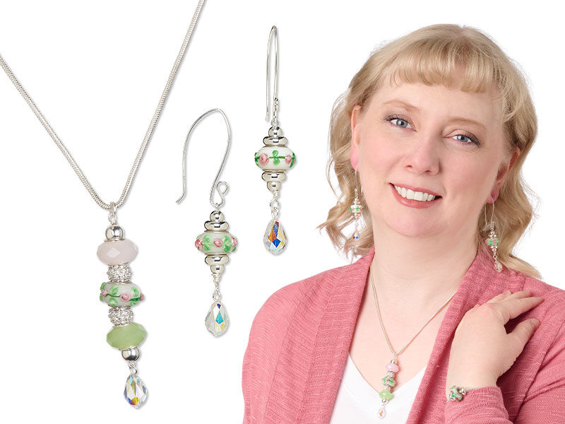 Model wearing a jewelry set made with floral large hole beads