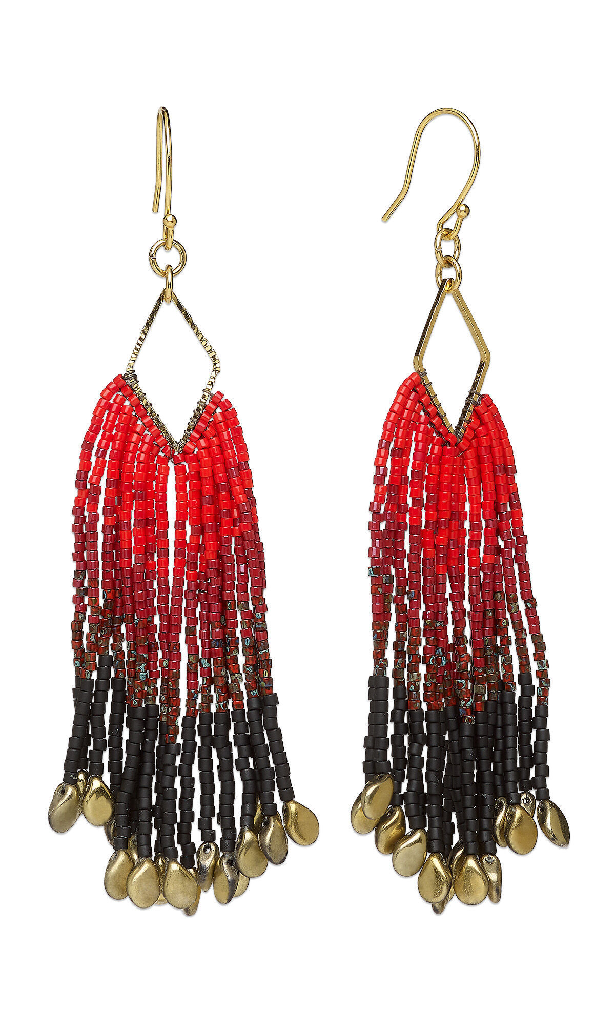 Design Idea R K 2 K &ndash; Earrings have strands of red and black ombr&eacute; style fringe hanging from diamond-shaped gold components
