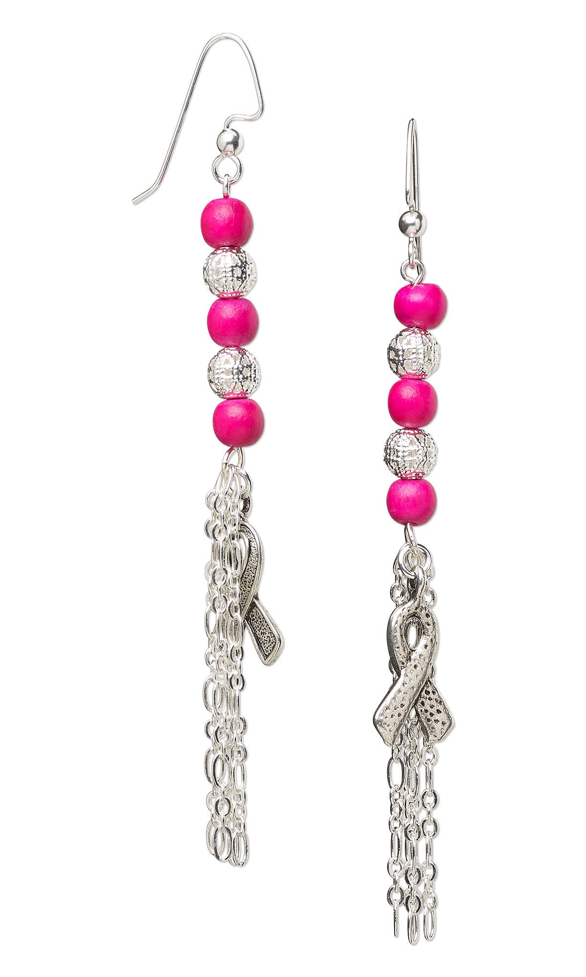 Design Idea S K 2 E &ndash; Silvery fishhook earrings have a vertical line of dark pink and silvery beads with a silvery awareness ribbon charm and a silver-plated chain tassel at the bottom.