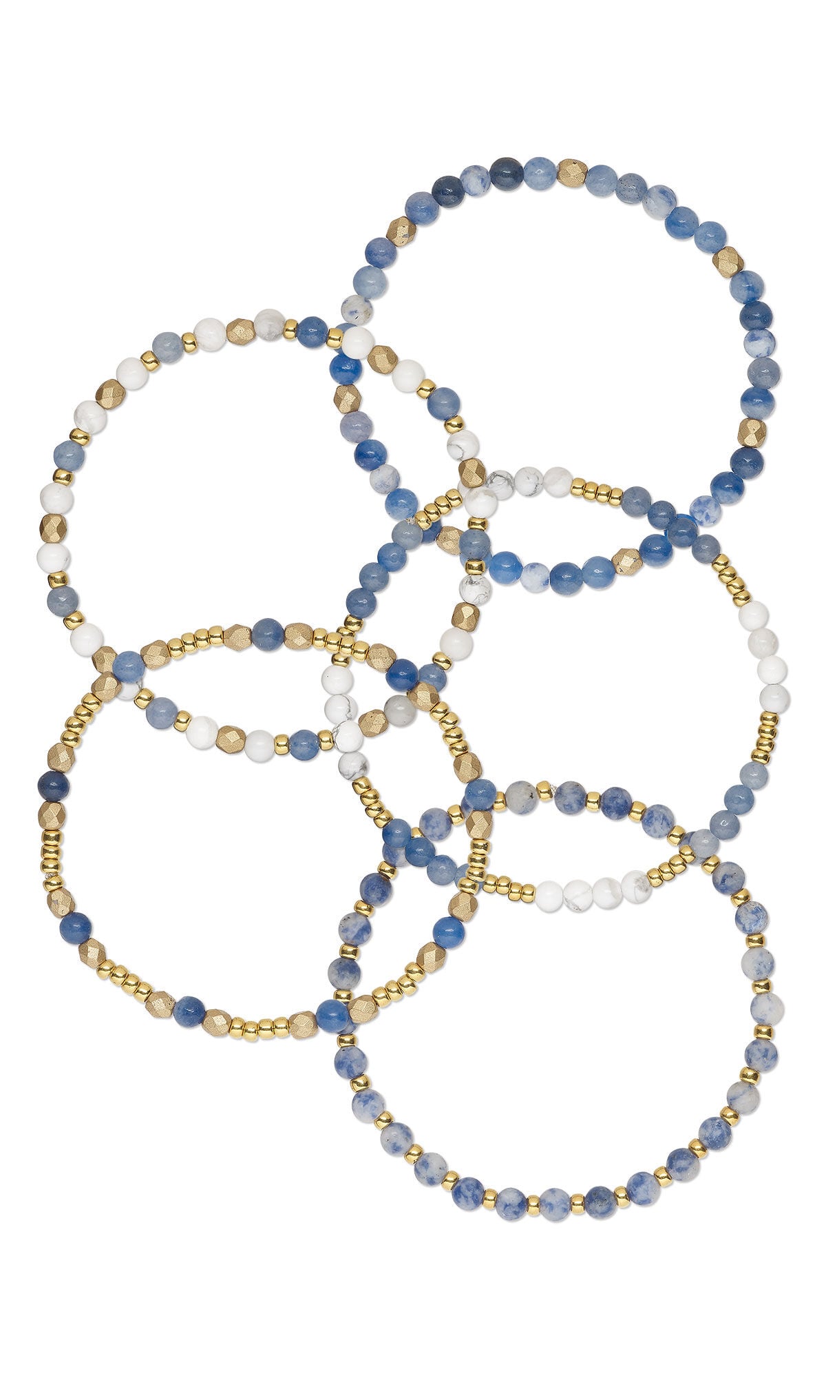 Design Idea S G 2 3 &ndash; Six bracelets each have a different pattern of blue and white gemstones, 24Kt gold-plated seed beads and metallic gold Czech glass faceted rounds.