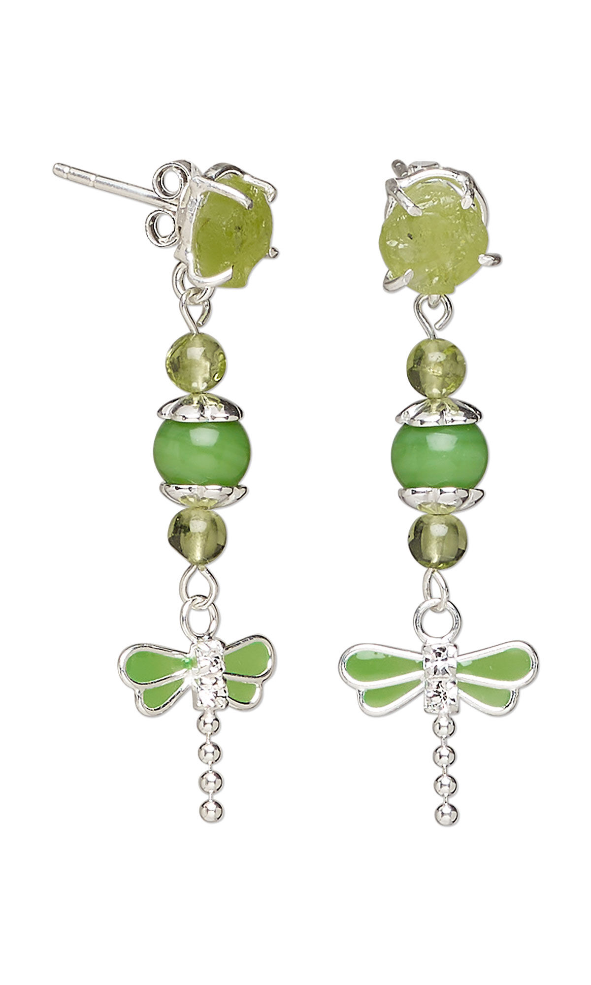 Design Idea S D 3 G &ndash; Earrings made with sterling silver crystal and enamel dragonfly charms, peridot gemstone beads and peridot-set sterling silver ear studs
