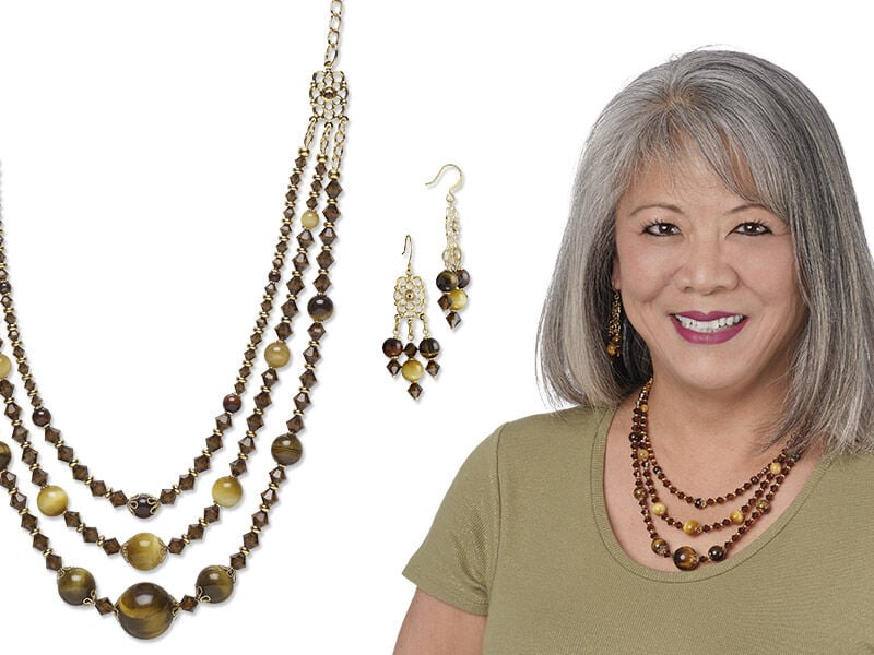 Model wearing necklace strung on accu-flex beading wire