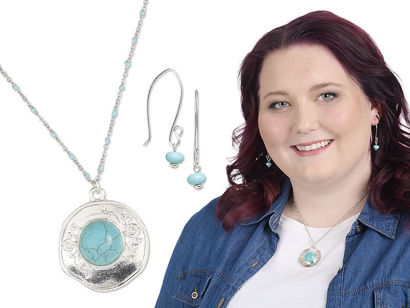 Image of a model wearing a necklace with a large pendant