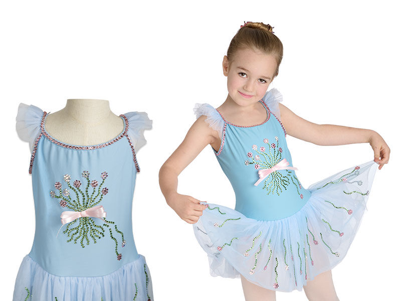 Model wearing a dance costume embellished with rhinestones