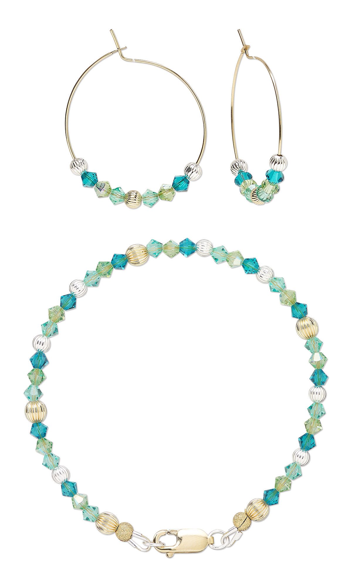 Design Idea R K 2 A - Bracelet features crystal beads in various shades of green with a few round gold and silver beads among them. Earring are large hoops with 9 beads at the bottom to match the bracelet.