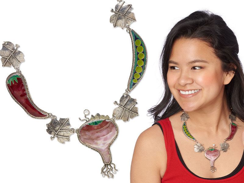 Model wearing a metal clay necklace