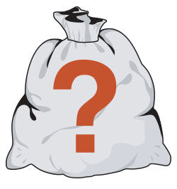 Grey sack with an orange question mark
