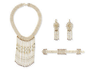 Bib-Style Necklace, Triple-Strand Bracelet and Earring Set