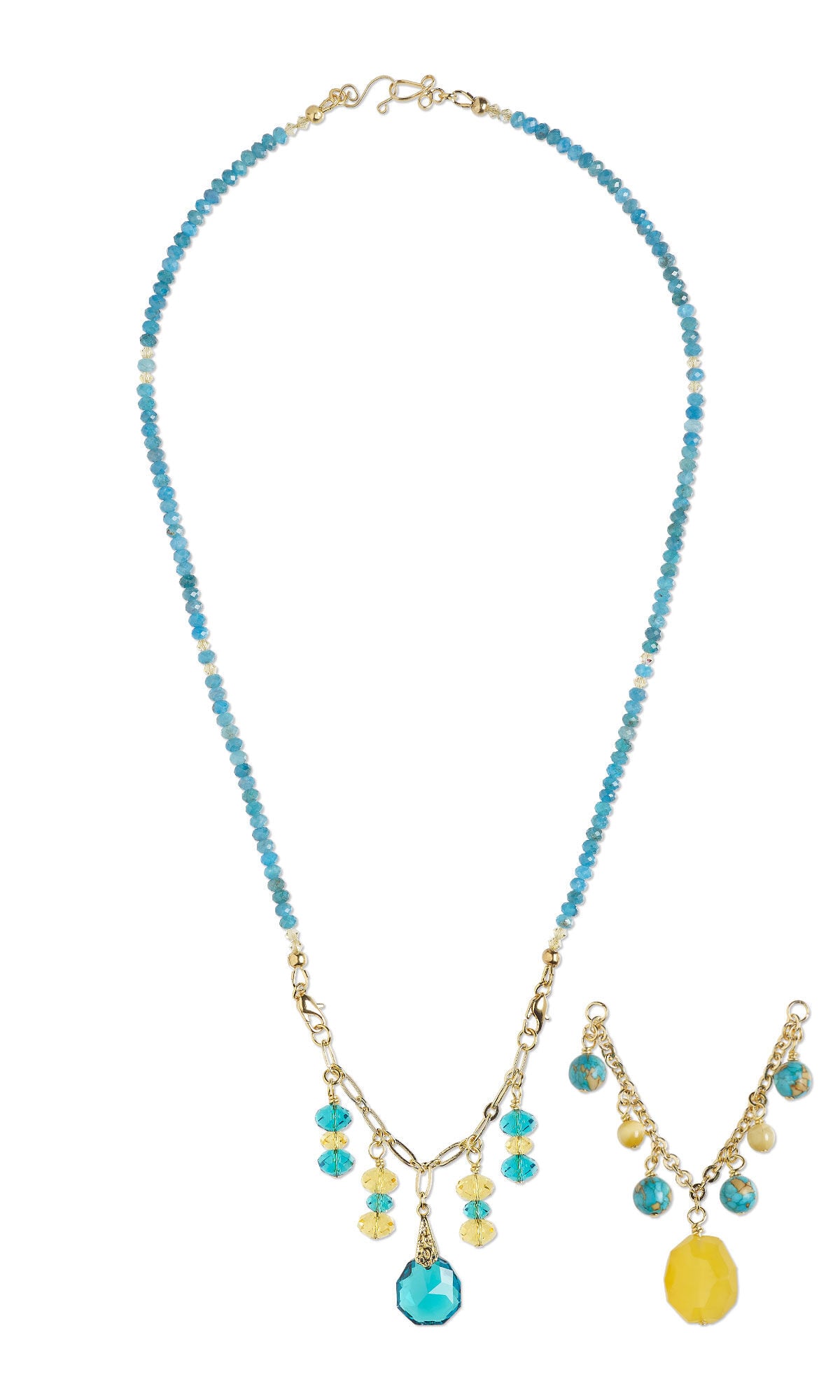 Design Idea S F 2 7 - A necklace featuring natural blue apatite faceted rondelle beads, Crystal Passions&reg; light topaz and blue zircon rondelle beads, and a blue zircon Crystal Passions&reg; pendant accented with gold-finished chain and findings.