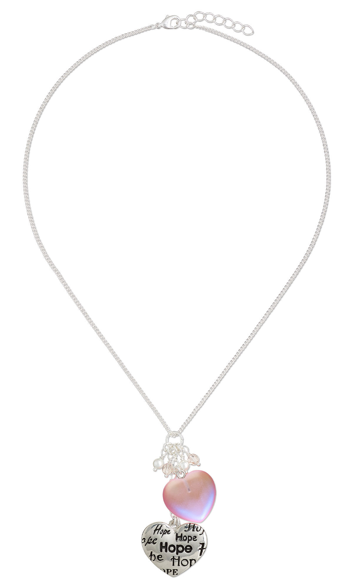 Chain necklace with glass and metal heart-shaped focals
