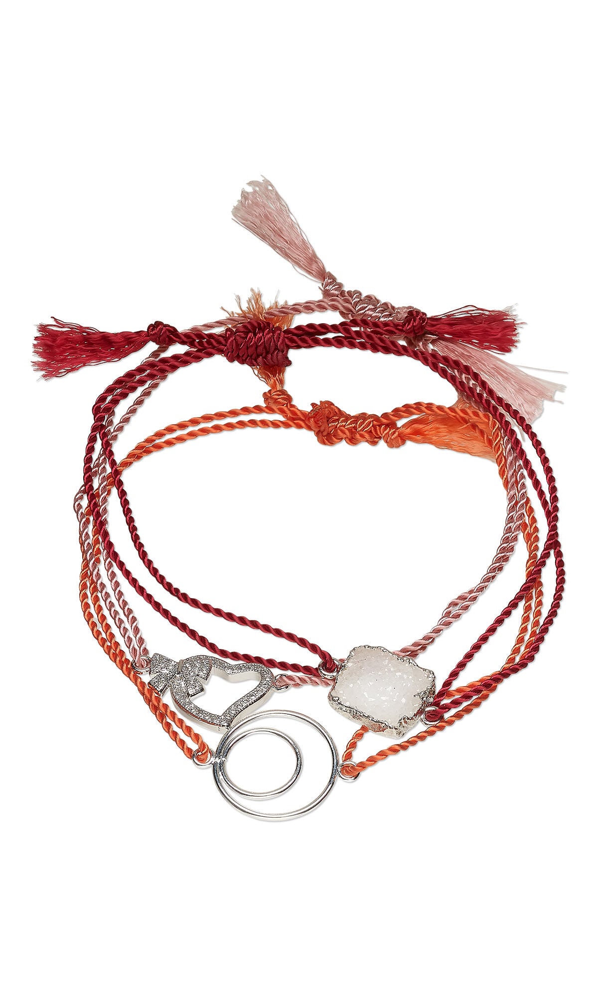 Design Idea S J 2 D &ndash; Three bracelets are made from nylon thread with tassels on the ends of the cord. Each has a different central component: a silver and druzy agate link, a silver-plated double hoop, and a silver-finished and cubic zirconia heart.