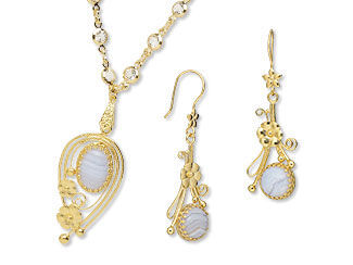 An image of gold colored settings with  blue lace agate cabochons