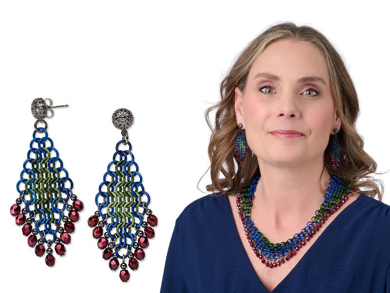 Model wearing a necklace and earrings that uses many jump rings