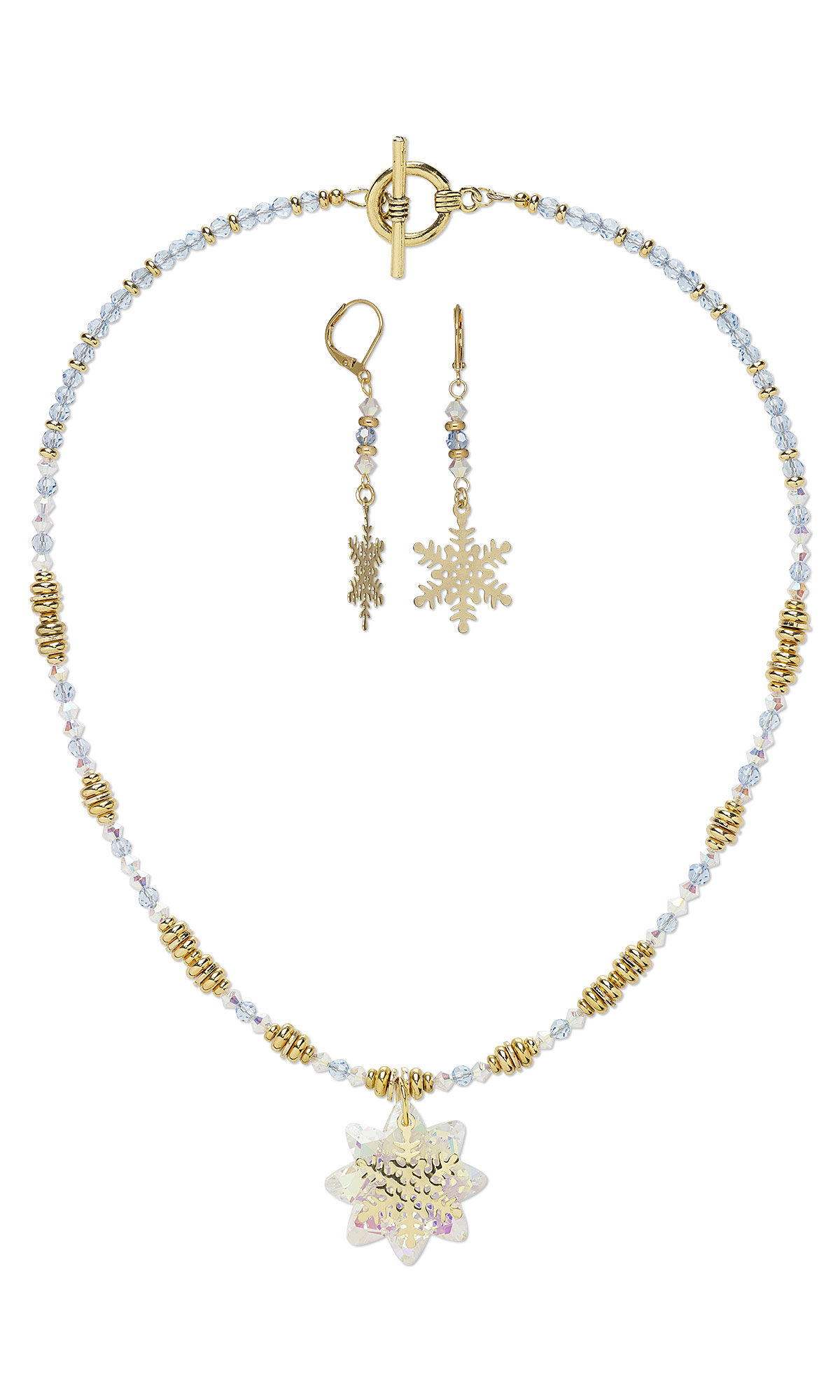 Design Idea K 5 4 6 &ndash; Long necklace is beaded in tiny, sparkling blue and clear beads as well as small gold heishi beads. A golden snowflake charm is the centerpiece. Gold-plated leverback earrings each have three beads &ndash; golden, blue, golden &ndash; and a golden snowflake charm.