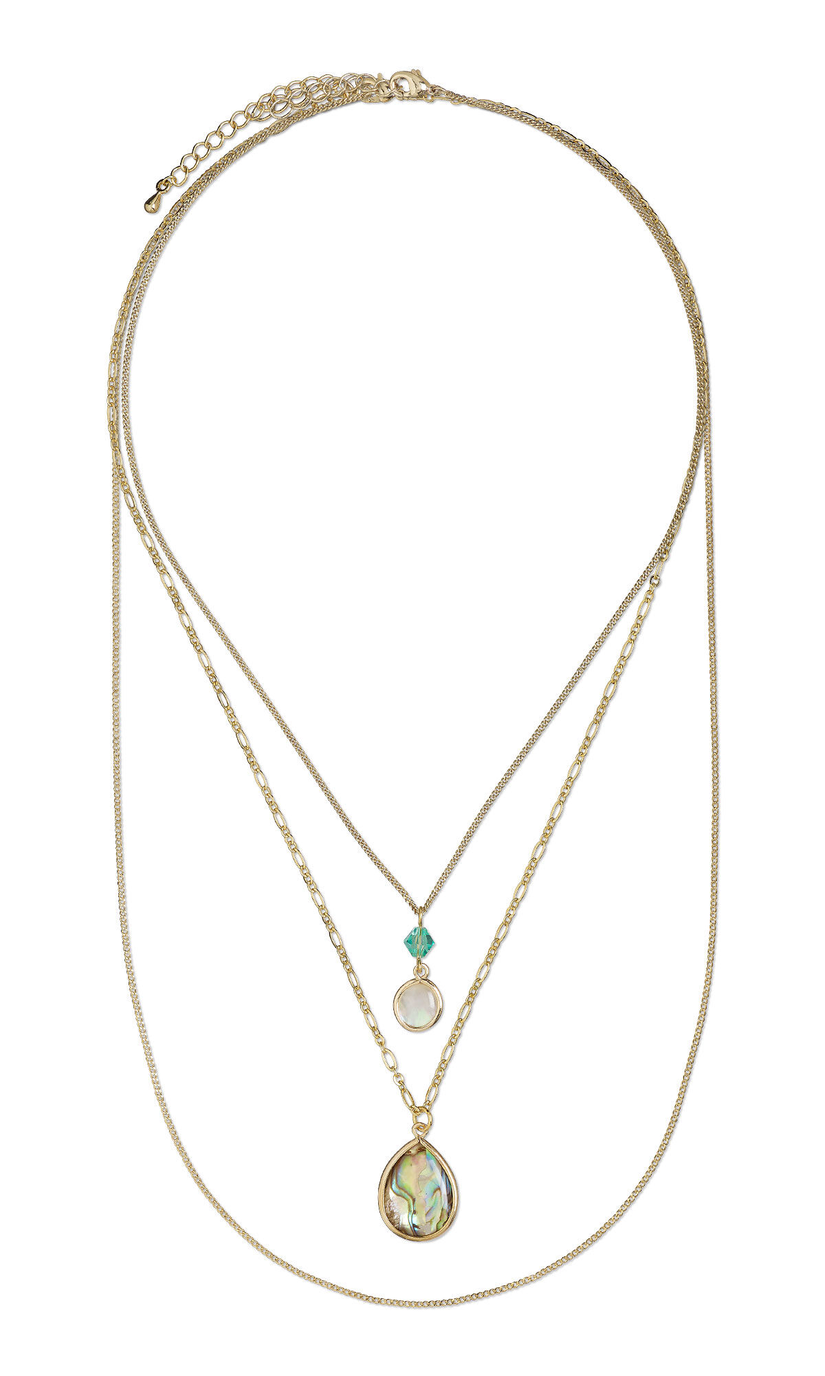 Design Idea S A 2 V &mdash; Layered gold-filled brass chain necklace set featuring paua shell and mother-of-pearl drops with crystal accents on three coordinating lengths.