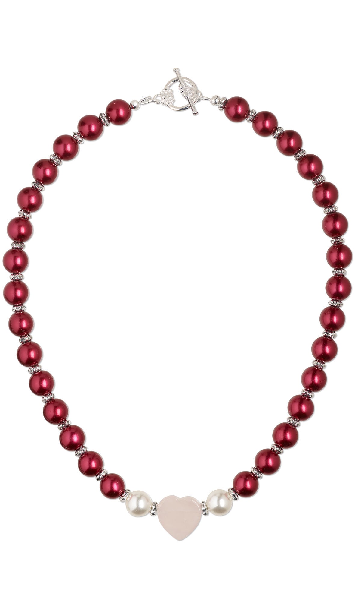 Design Idea S M 2 4 - Short necklace of dark red crystal pearls with silvery glass flower beads between them. The center of the necklace is a rose quartz heart with white crystal pearls on either side.