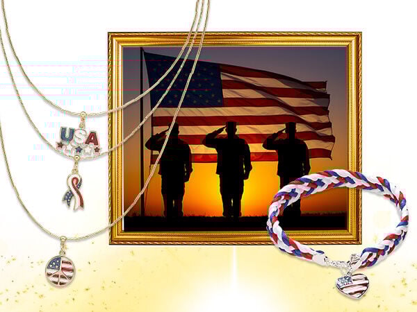 Design idea M G 2 9, Three-Piece Necklace Set, red white and blue charms, design idea R F 2 H, red white and blue bracelet with u.s. flag heart charm, golden picture frame with u.s. flag and three soldier