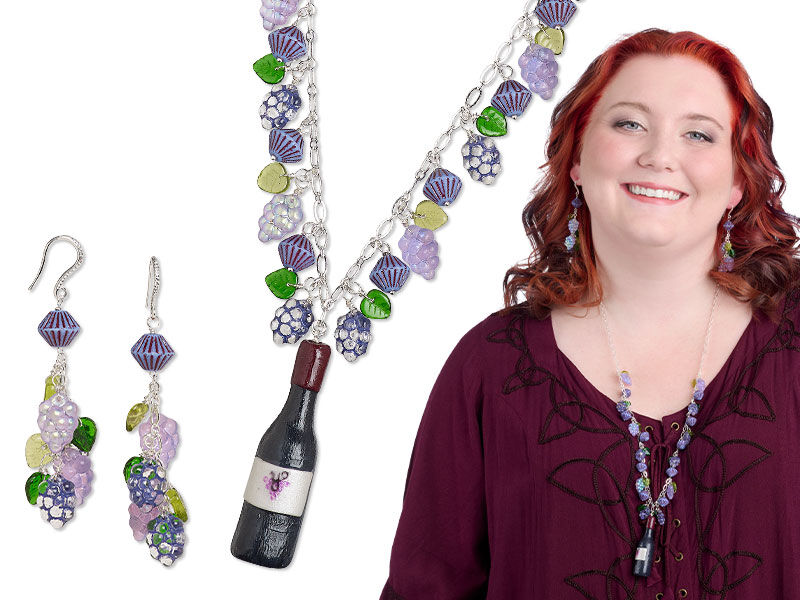 Model wearing a necklace and earrings made with glass beads