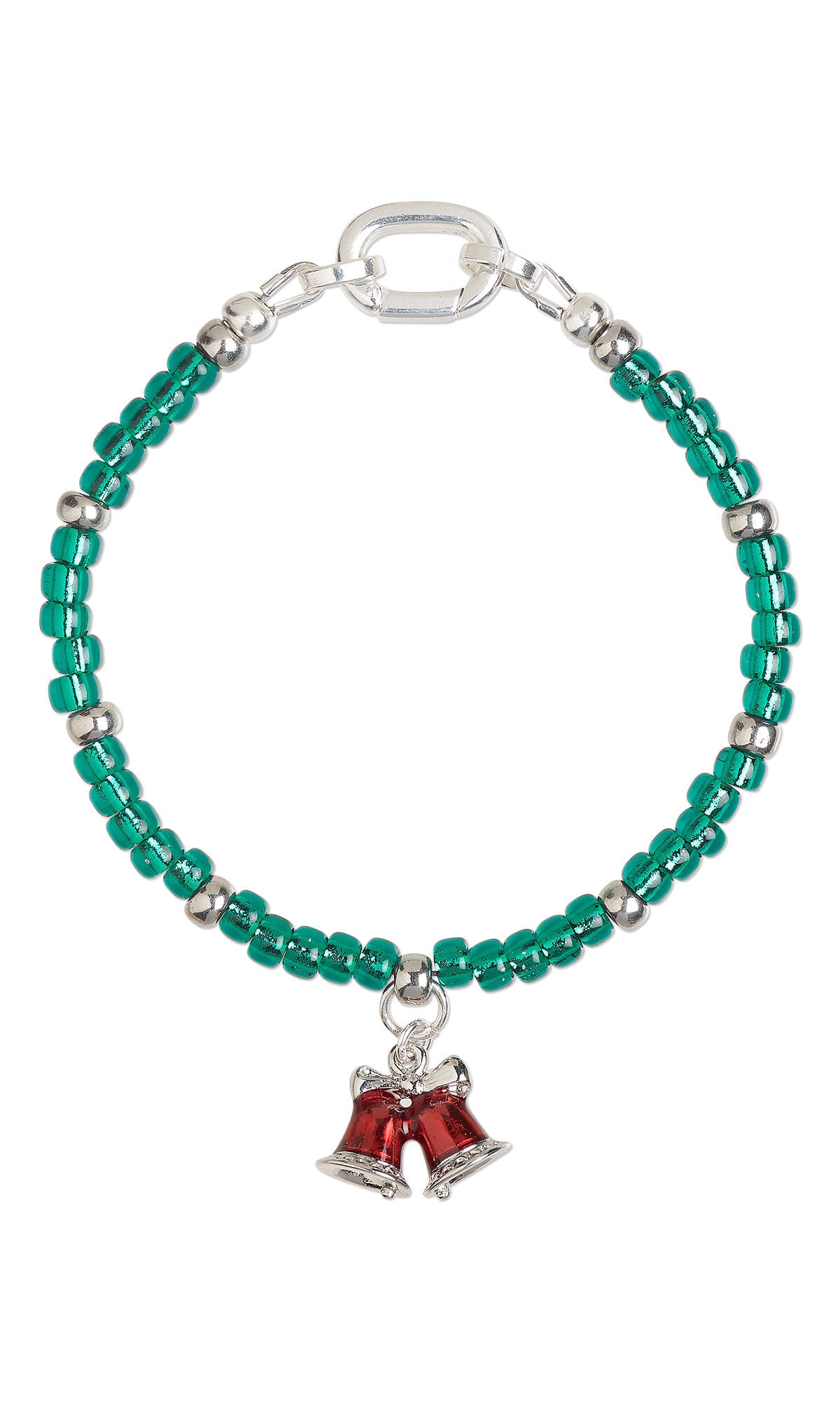 Design Idea S F 2 E, a bracelet featuring emerald-green transparent silver-lined seed beads accented with silver-finished round beads and a dangling Christmas tree charm, finished with a silver toggle clasp.