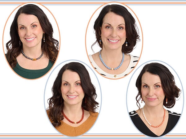 Model wearing different versions of beaded necklaces and earrings.