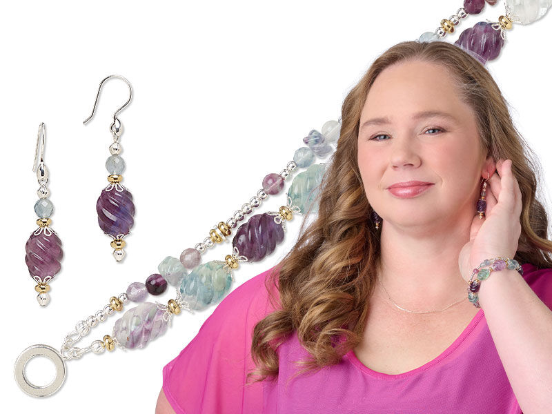 Model wearing a gemstone bead bracelet with a toggle clasp