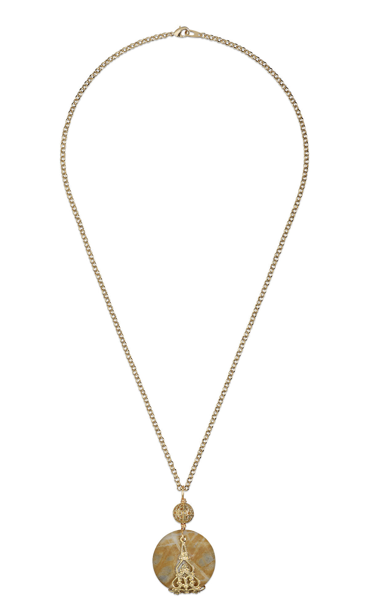 Design Idea R M 2 6 &ndash; Picasso jasper pendant made gold-plated filigree beads and findings on a gold-finished rolo chain
