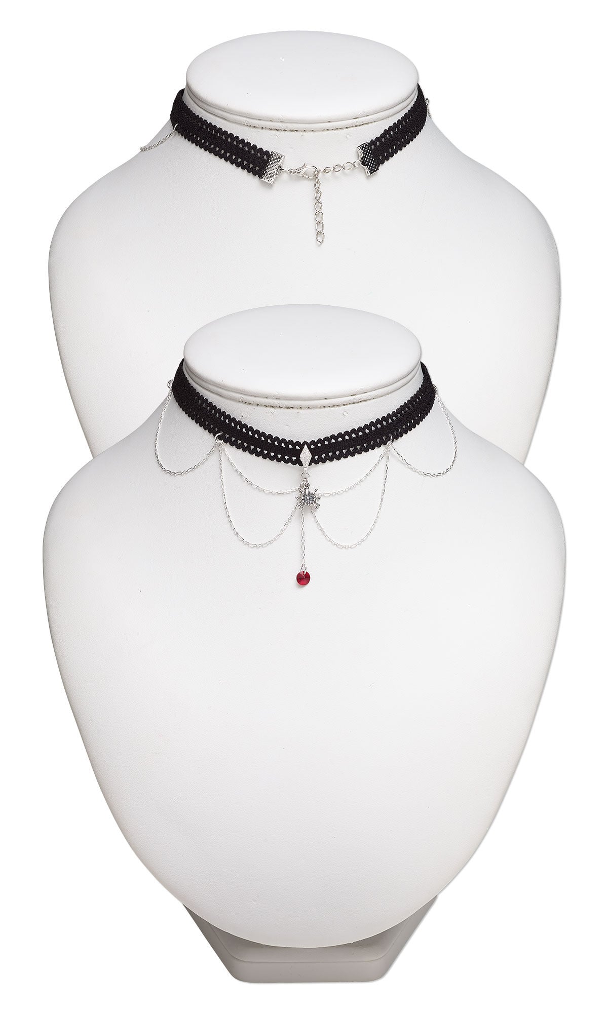 Design Idea S G 2 A &ndash; Lacy black choker necklace has six loops of sterling silver chain dangling from it in a symmetrical spider web-inspired design. A spider charm sits at the center of the web, and a red Crystal Passions&reg; round disk drop dangles from chain below the spider. Image also shows the back of the necklace