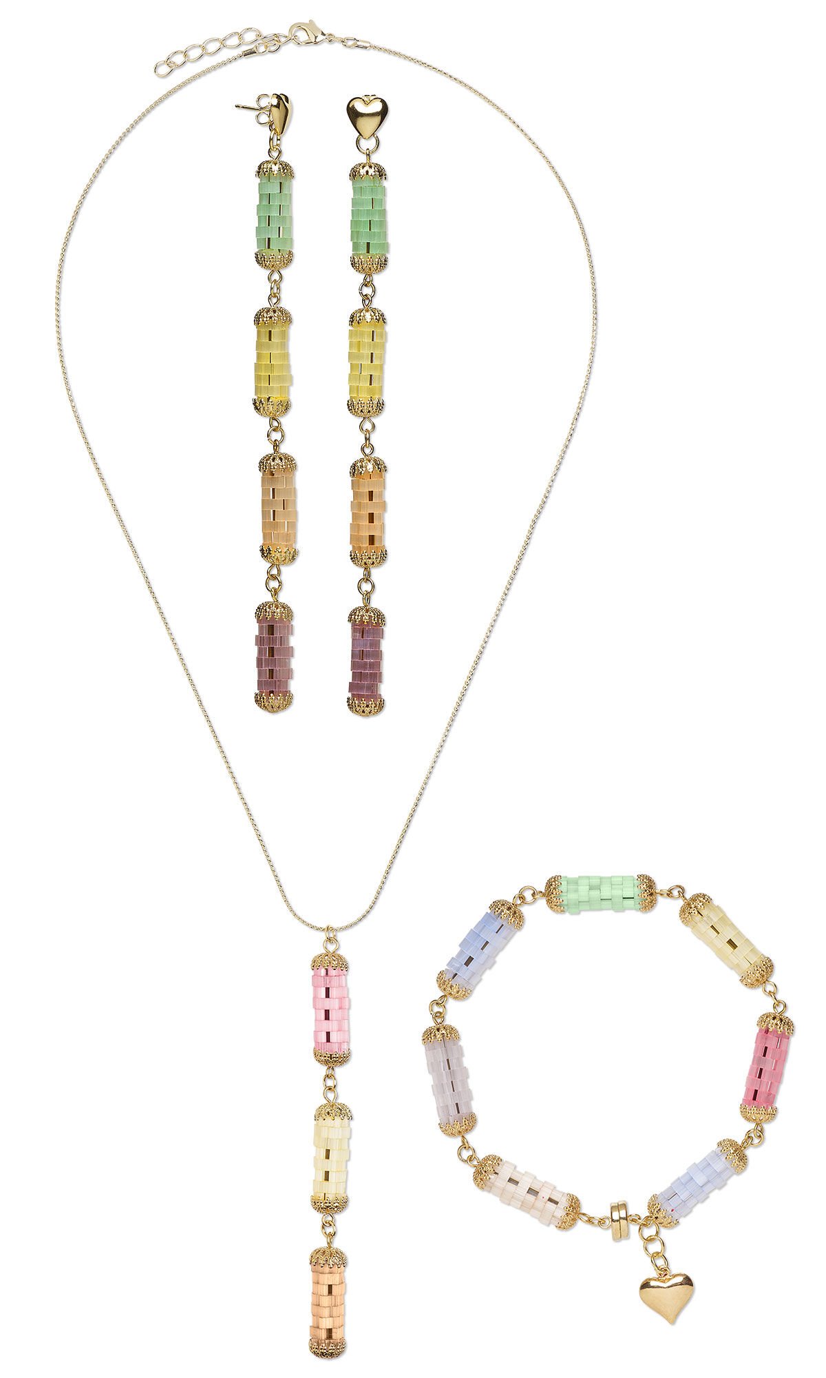 Design Idea S D 3 S &ndash; Jewelry set includes necklace, bracelet and earrings and features segments of stacked pastel half tila rectangle seed beads with gold chain and findings.
