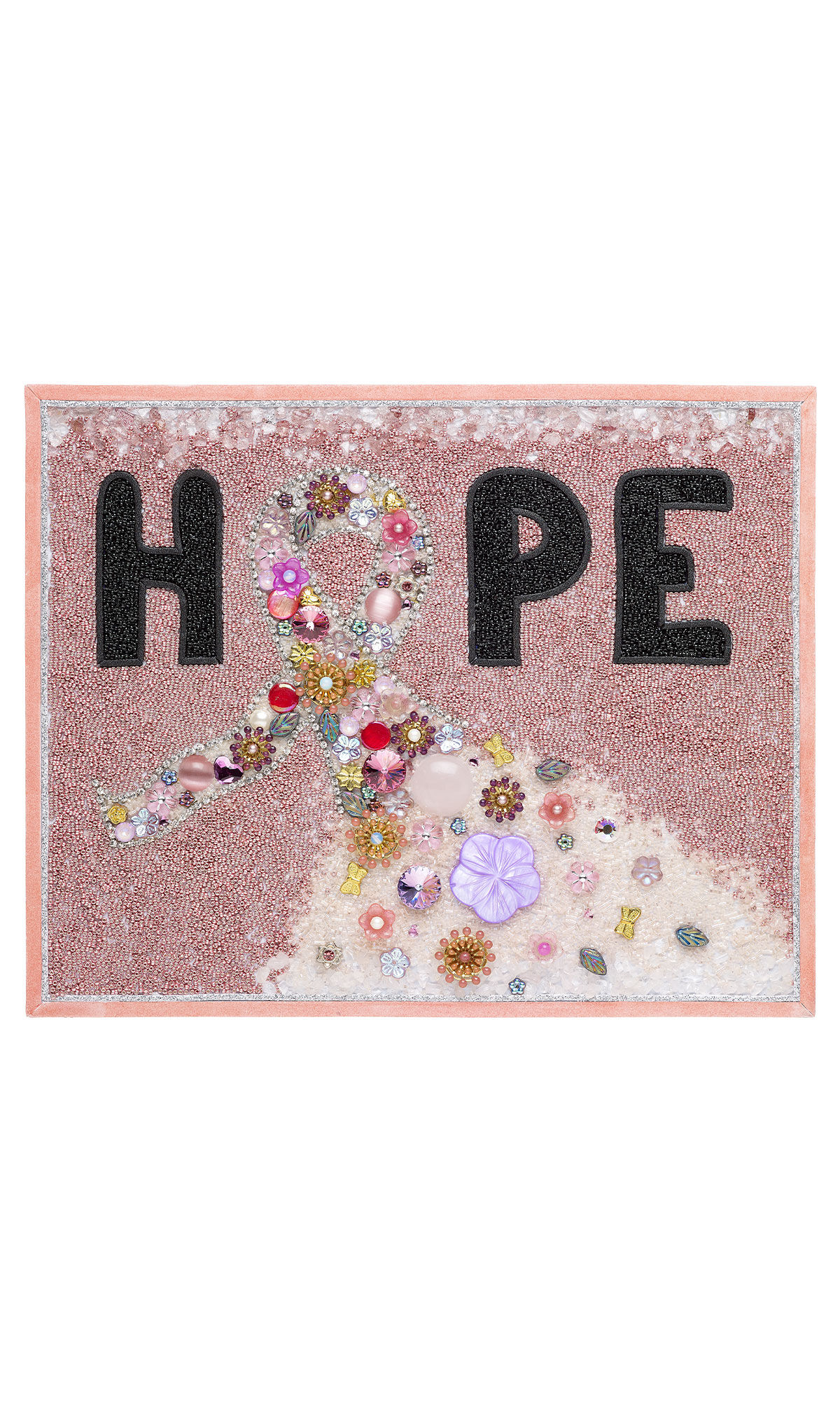 Design Idea R G 2 A Bead mosaic artwork spelling the word "HOPE," featuring a beaded pink ribbon and floral accents on a glittery pink background.