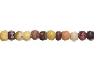 Strand of hand-faceted moukaite jasper beads in shades of cream, peach and brown.