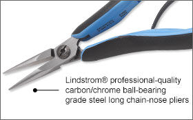 Lindstrom professional-quality carbon/chrome ball-bearing grade steel long chain-nose pliers