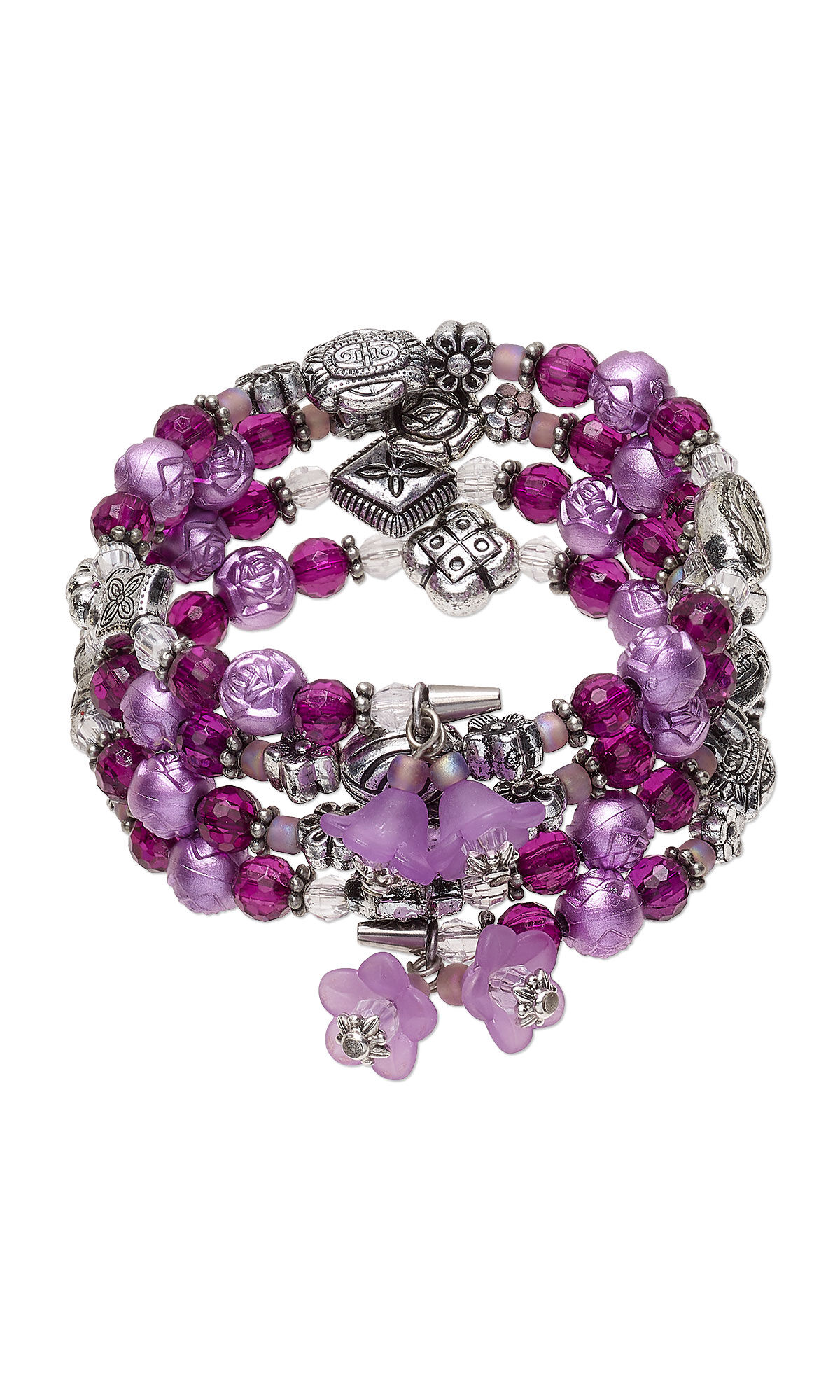 four layer spiraled bracelet with pink and silver colored metallic beads