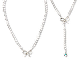 Design Idea S H 2 9 - Off-white pearl necklace has a silvery wire bow at the center. An optional long pearl dangle can be attached to the bow for the look of a lariat necklace.