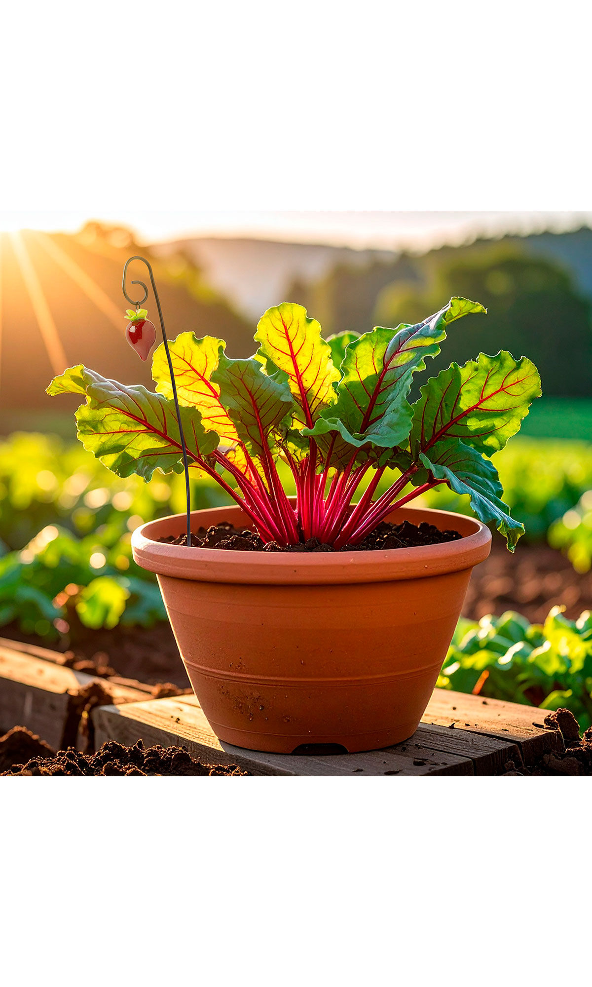 Beet plant in terra cotta pot with cute beet plant stake