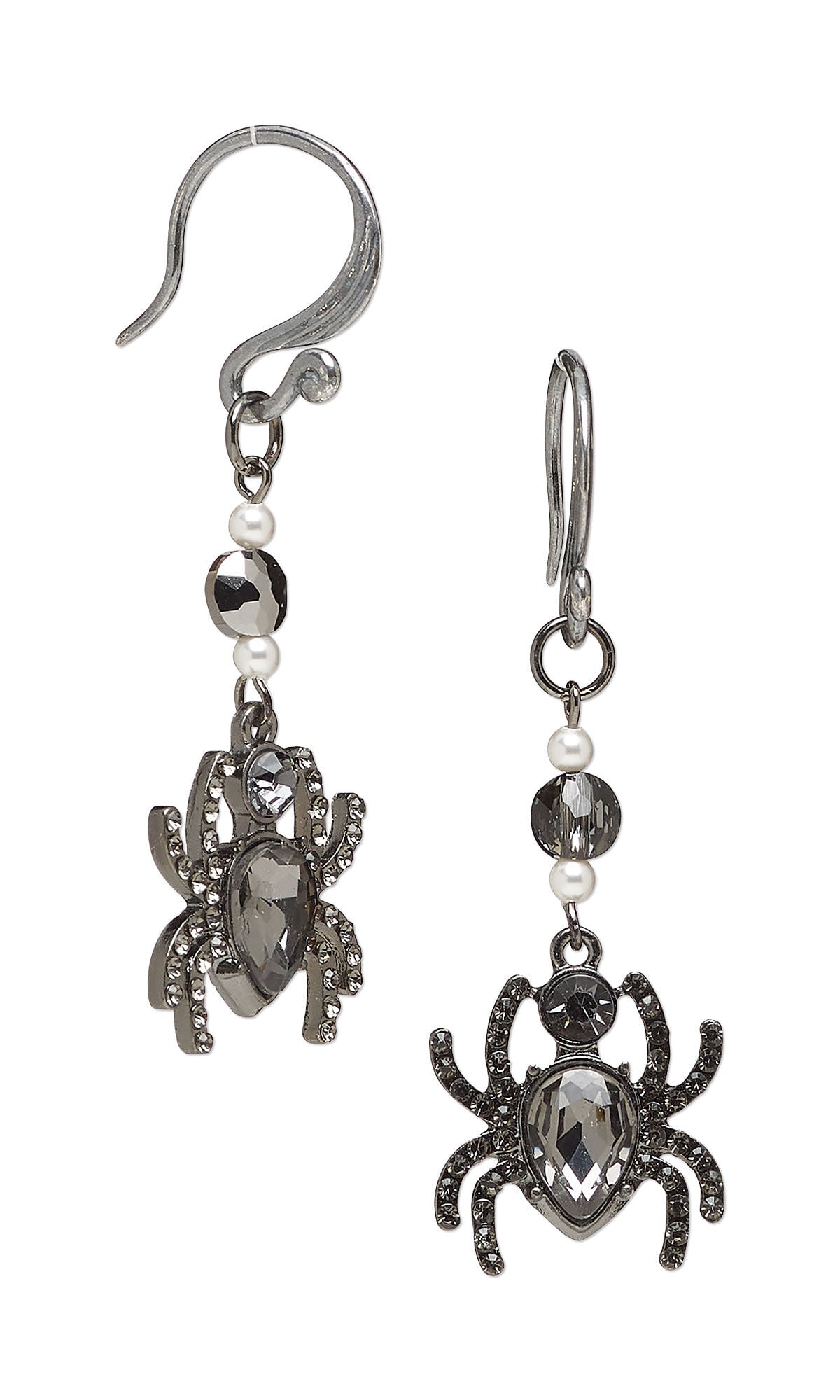 Design Idea S K 2 6 &ndash; Spider earrings made with Crystal Passions&reg; crystal beads and pearls, gunmetal-finished "pewter" charms and gunmetal-plated findings