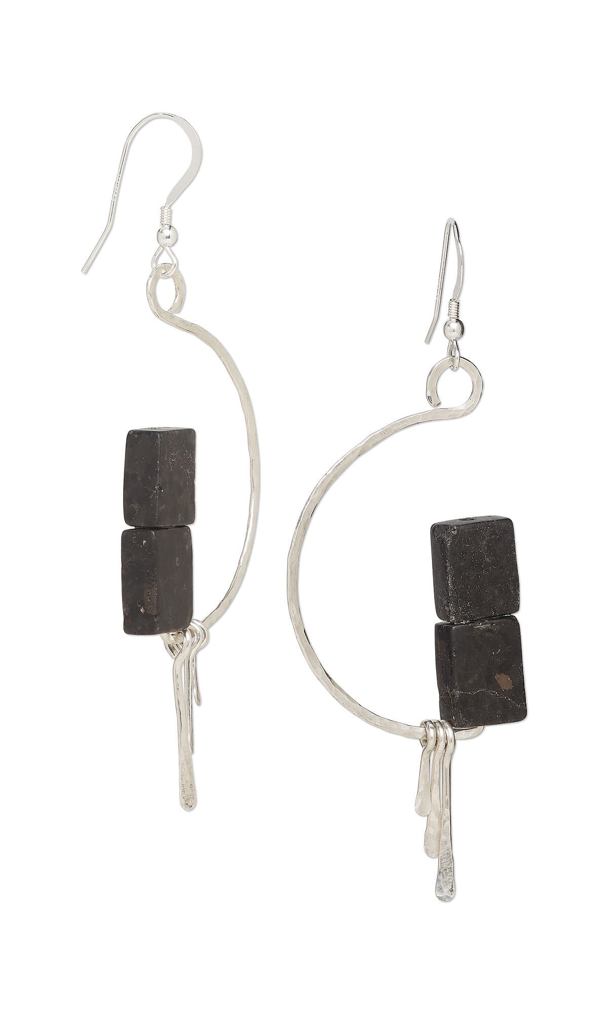 Design Idea R G 2 U - Hammered silver earrings shaped like a half circle with three smaller hammered wires dangling from the bottom and two dark rectangular beads sitting atop the bottom of the curve.