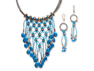 An image of a macrame necklace with blue howlite beads