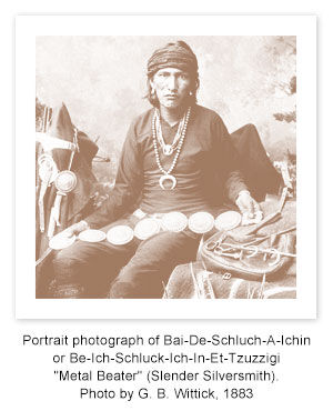 Portrait photograph of Bai-De-Schluch-A-Ichin or Be-Ich-Schluck-Ich-In-Et-Tzuzzigi "Metal Beater" (Slender Silversmith). Photo by G. B. Wittick, 1883