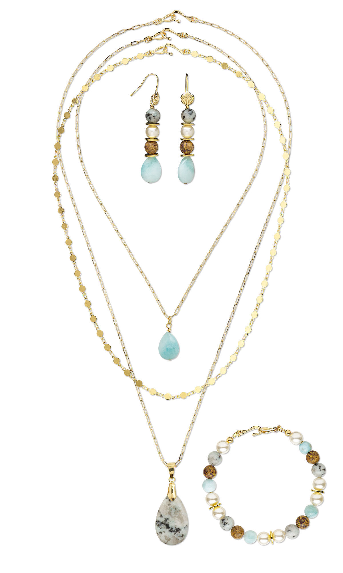 Design Idea S E 2 3 - The shortest of 3 necklaces has a teardrop blue gemstone on chain. The longest has a black and white speckled gemstone on chain. The middle necklace is all chain with little golden circles. The bracelet has blue, brown and clear round beads and golden heishi beads. The earrings match the bracelet. 