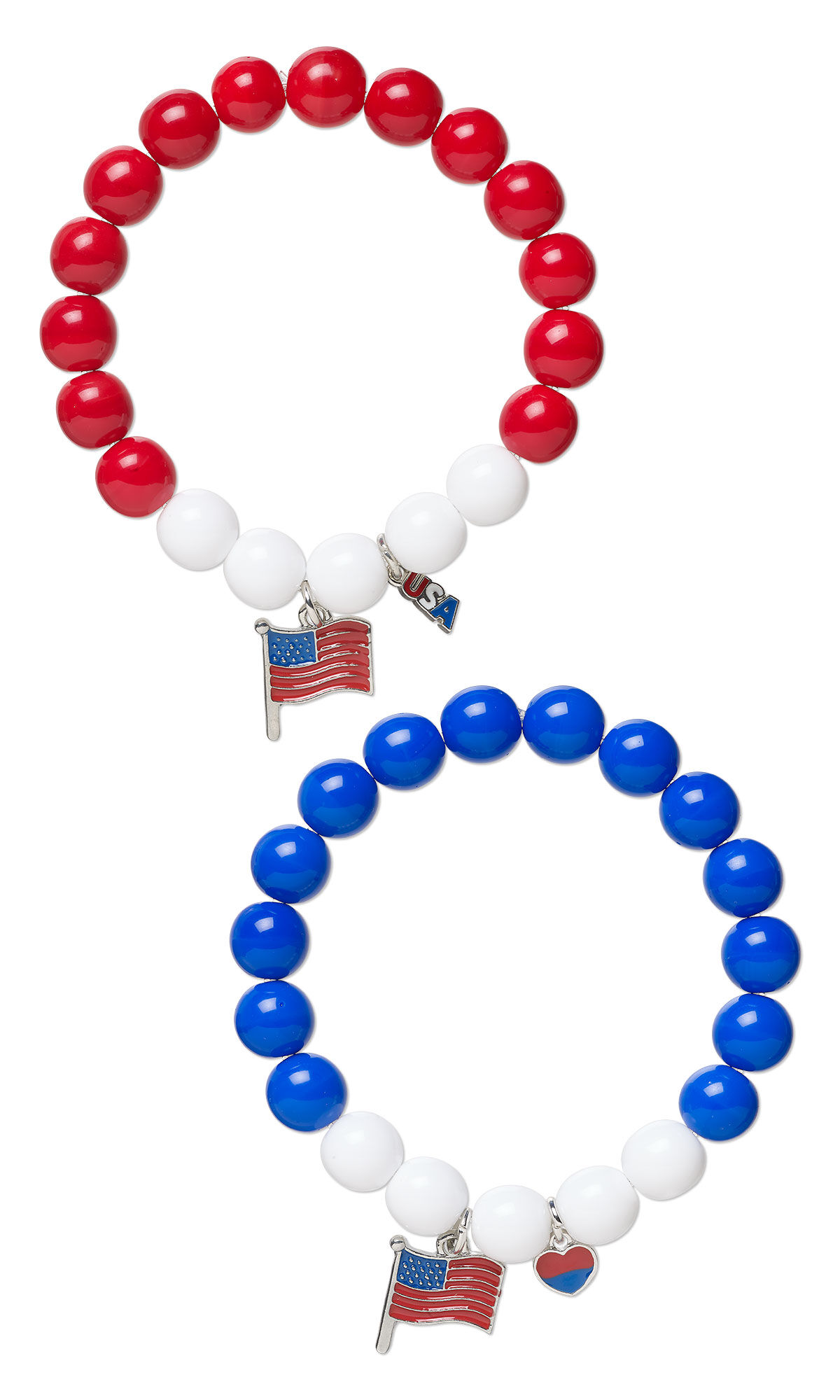Design Idea S F 3 2 - a patriotic bracelet set featuring two stretch bracelets strung with red, white and blue Czech glass druk beads on clear Powercord&reg; elastic. Each bracelet is accented with a red, white and blue enamel flag-themed charm drop for a festive Americana-inspired look.