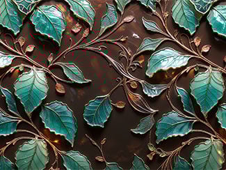 Plique-à-jour Enamelling Technique showing green leaves against a dark background