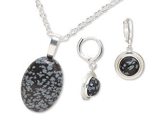 Snowflake obsidian cabochon necklace and earrings