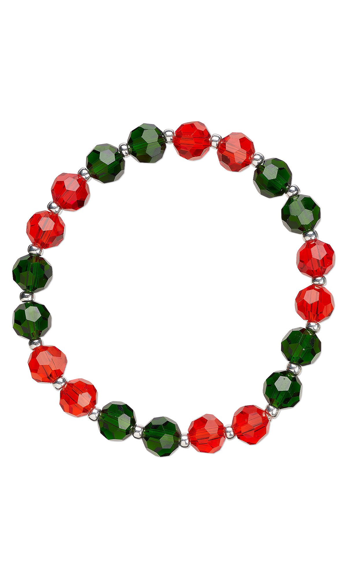 Design Idea S D 2 9 &ndash; Stretch bracelet made with red and green Celestial Crystal&reg; rondelles and silver-plated Miyuki seed beads