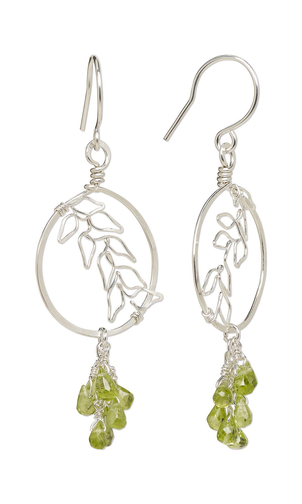Earrings with wire worked hoops and peridot gemstone beads